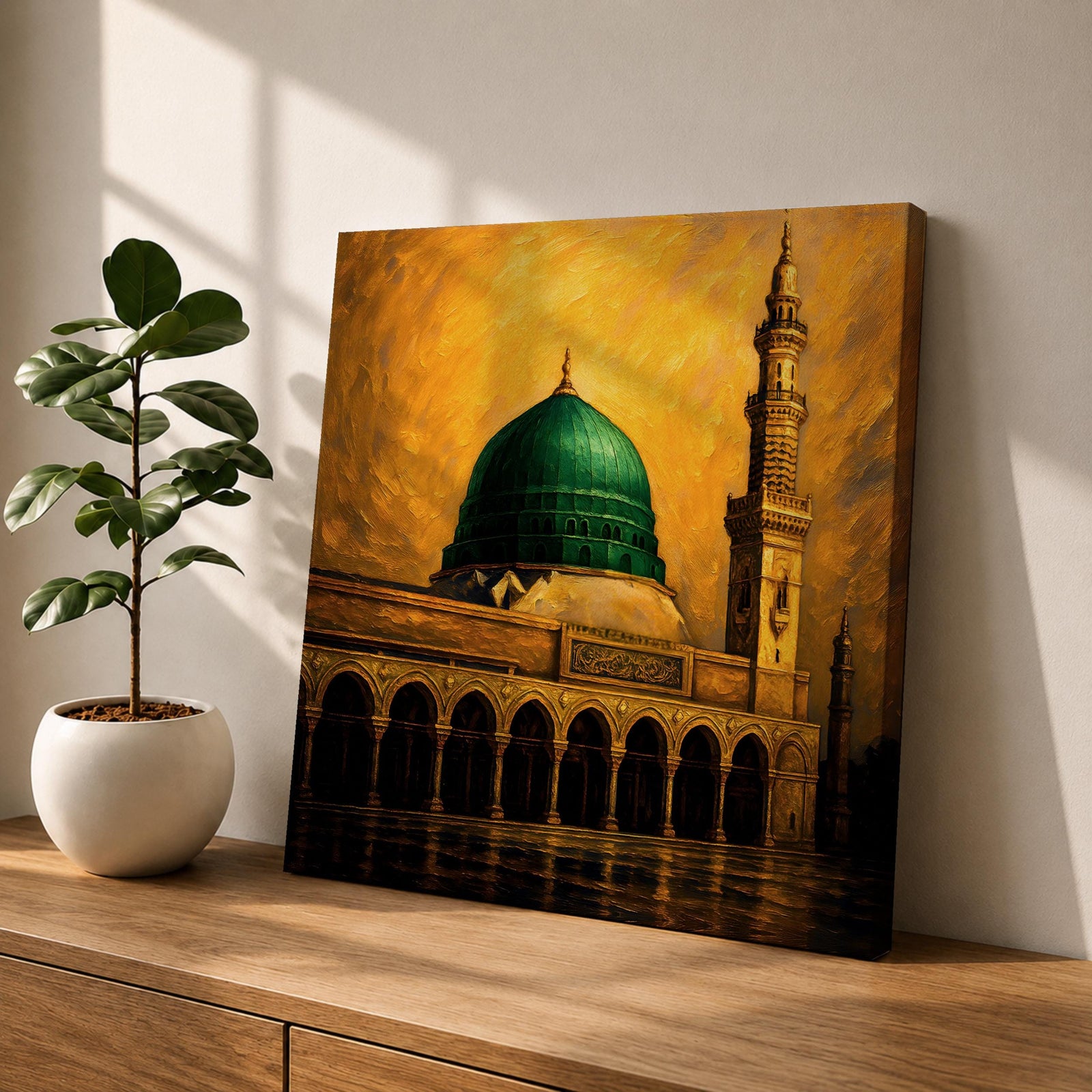 Green Dome Wall Art Prophet Mosque Framed Canvas Masjid Nabawi Medina Islamic Home Decor