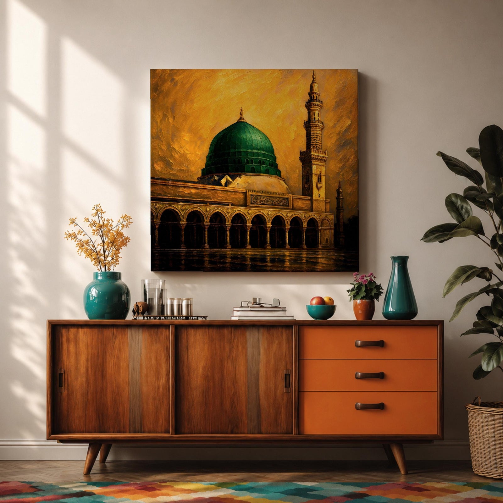 Green Dome Wall Art Prophet Mosque Framed Canvas Masjid Nabawi Medina Islamic Home Decor