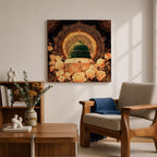 Green Dome Wall Art Golden Floral Framed Canvas Masjid Nabawi Medina Islamic Home Decor