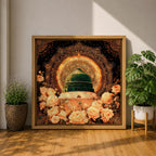 Green Dome Wall Art Golden Floral Framed Canvas Masjid Nabawi Medina Islamic Home Decor