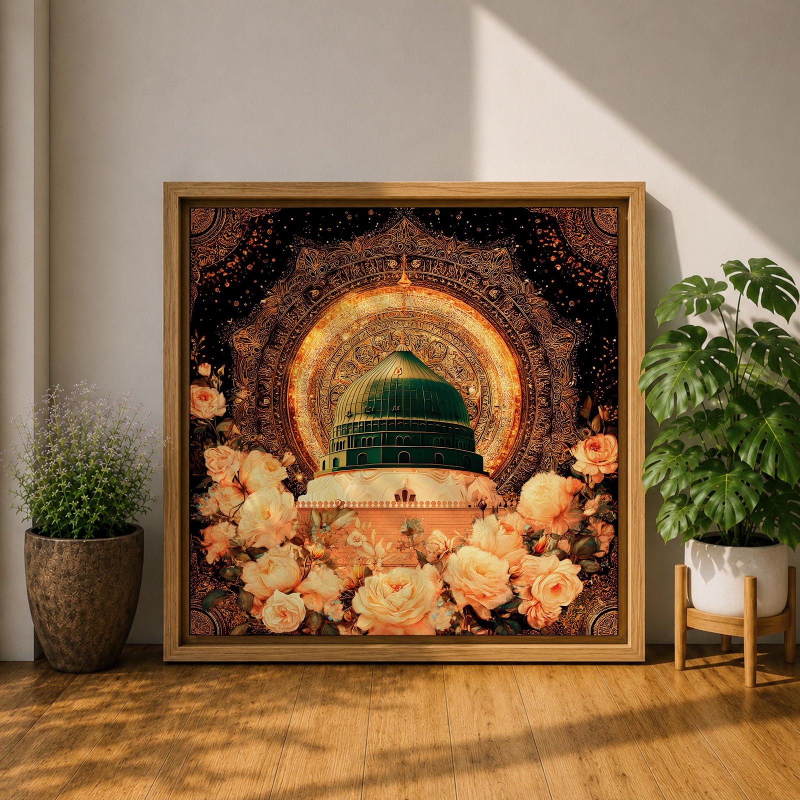 Green Dome Wall Art Golden Floral Framed Canvas Masjid Nabawi Medina Islamic Home Decor