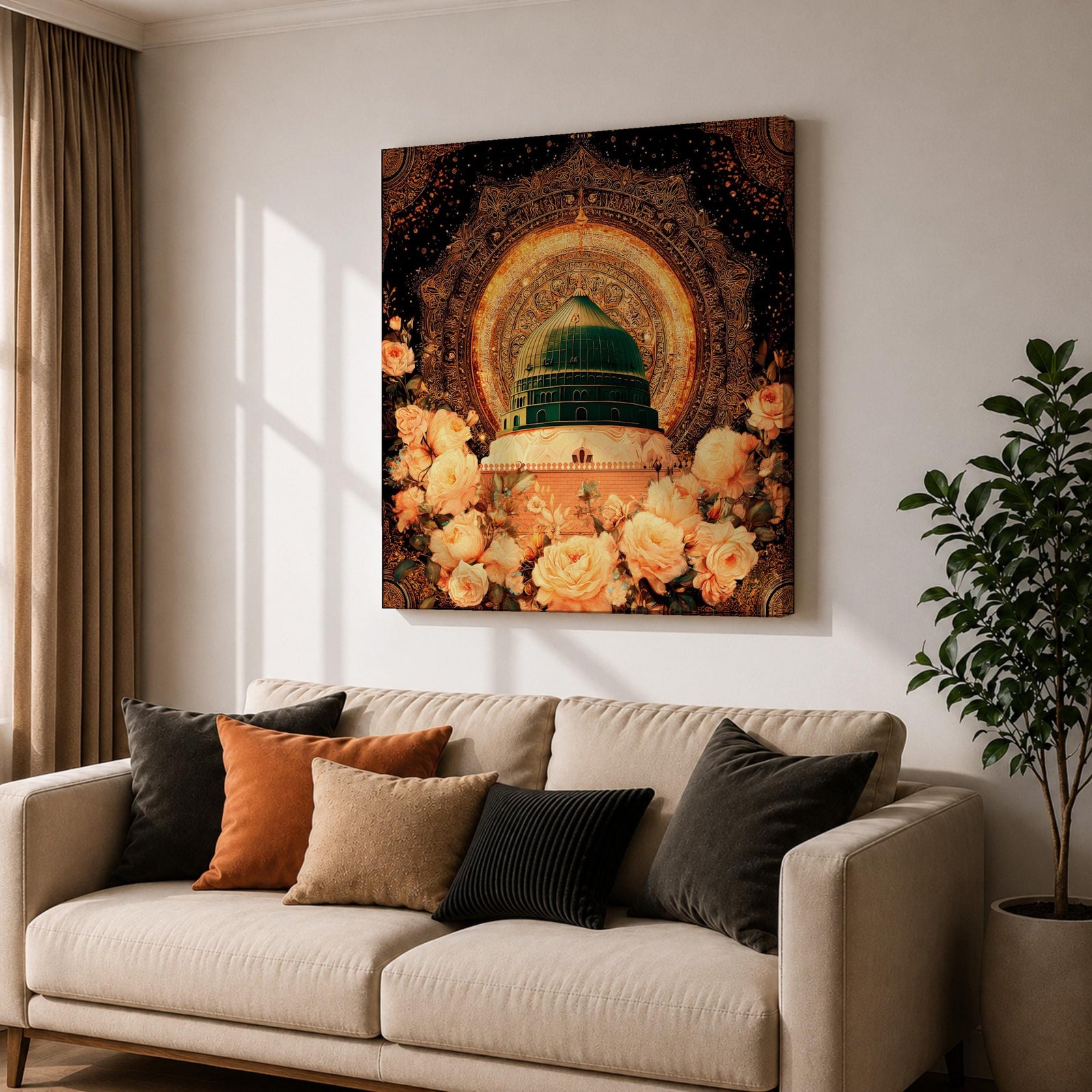Green Dome Wall Art Golden Floral Framed Canvas Masjid Nabawi Medina Islamic Home Decor