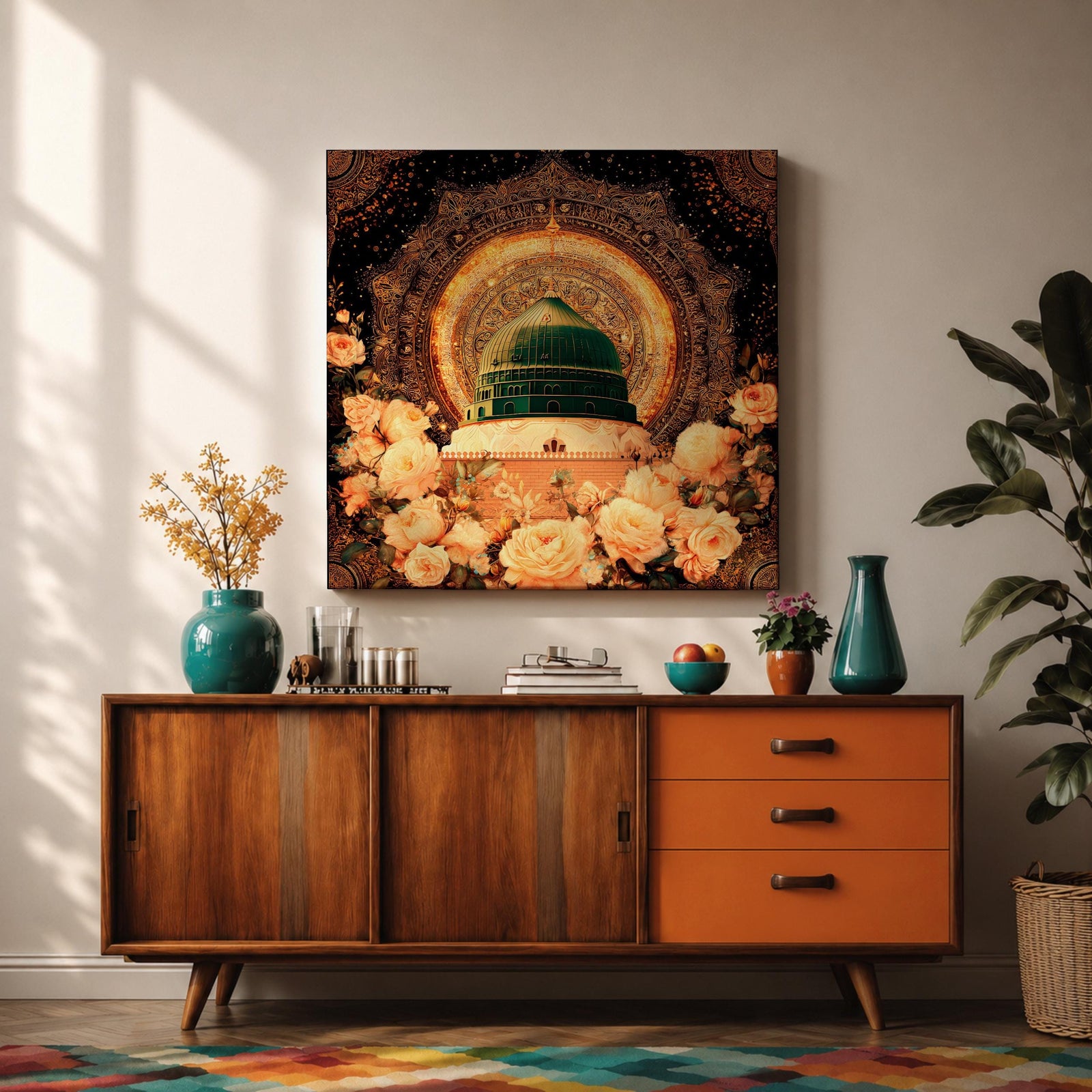 Green Dome Wall Art Golden Floral Framed Canvas Masjid Nabawi Medina Islamic Home Decor