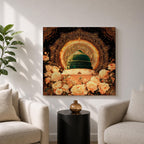 Green Dome Wall Art Golden Floral Framed Canvas Masjid Nabawi Medina Islamic Home Decor