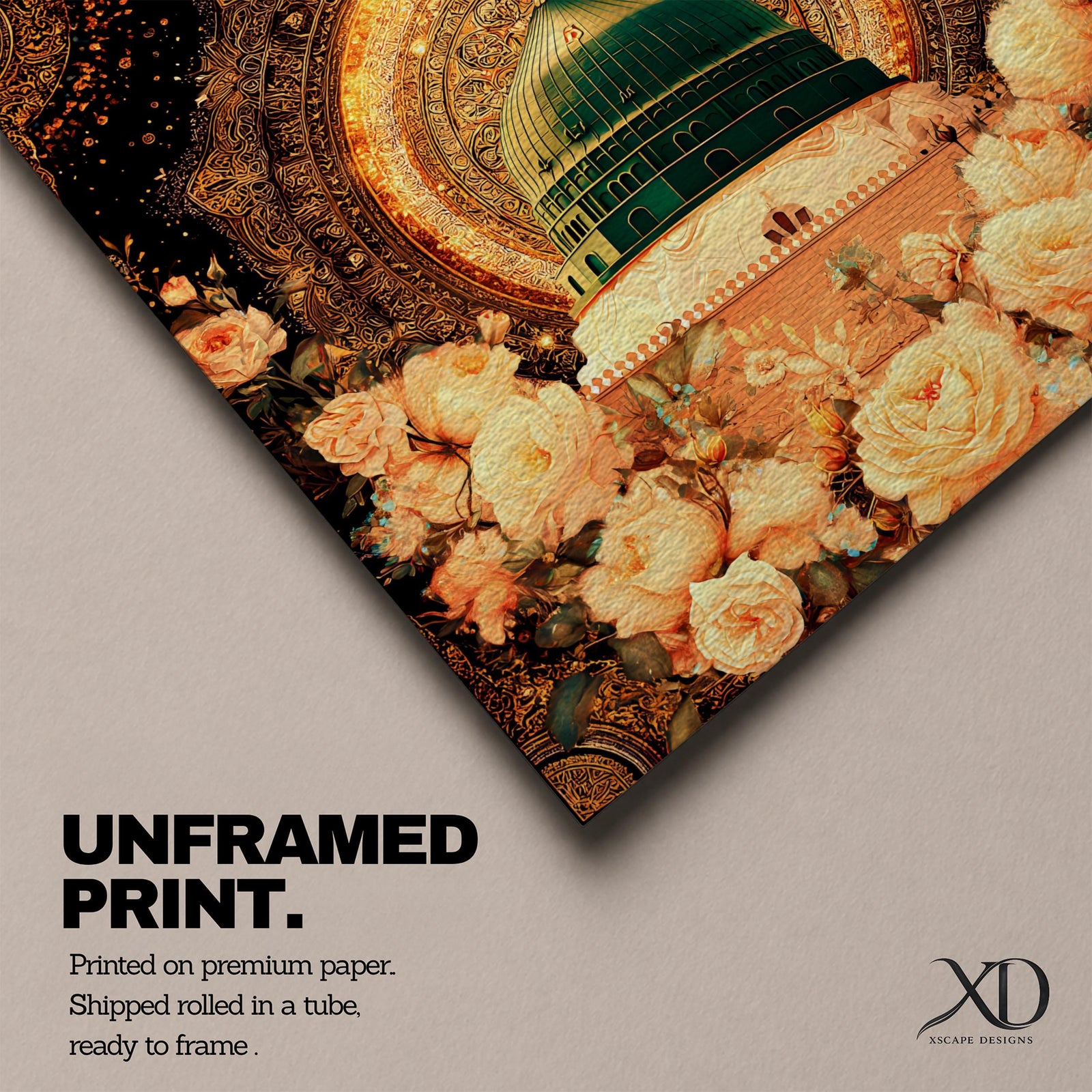 Green Dome Wall Art Golden Floral Framed Canvas Masjid Nabawi Medina Islamic Home Decor