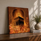 Kaaba Wall Art Golden Floral Framed Canvas Masjid al Haram Mecca Islamic Home Decor