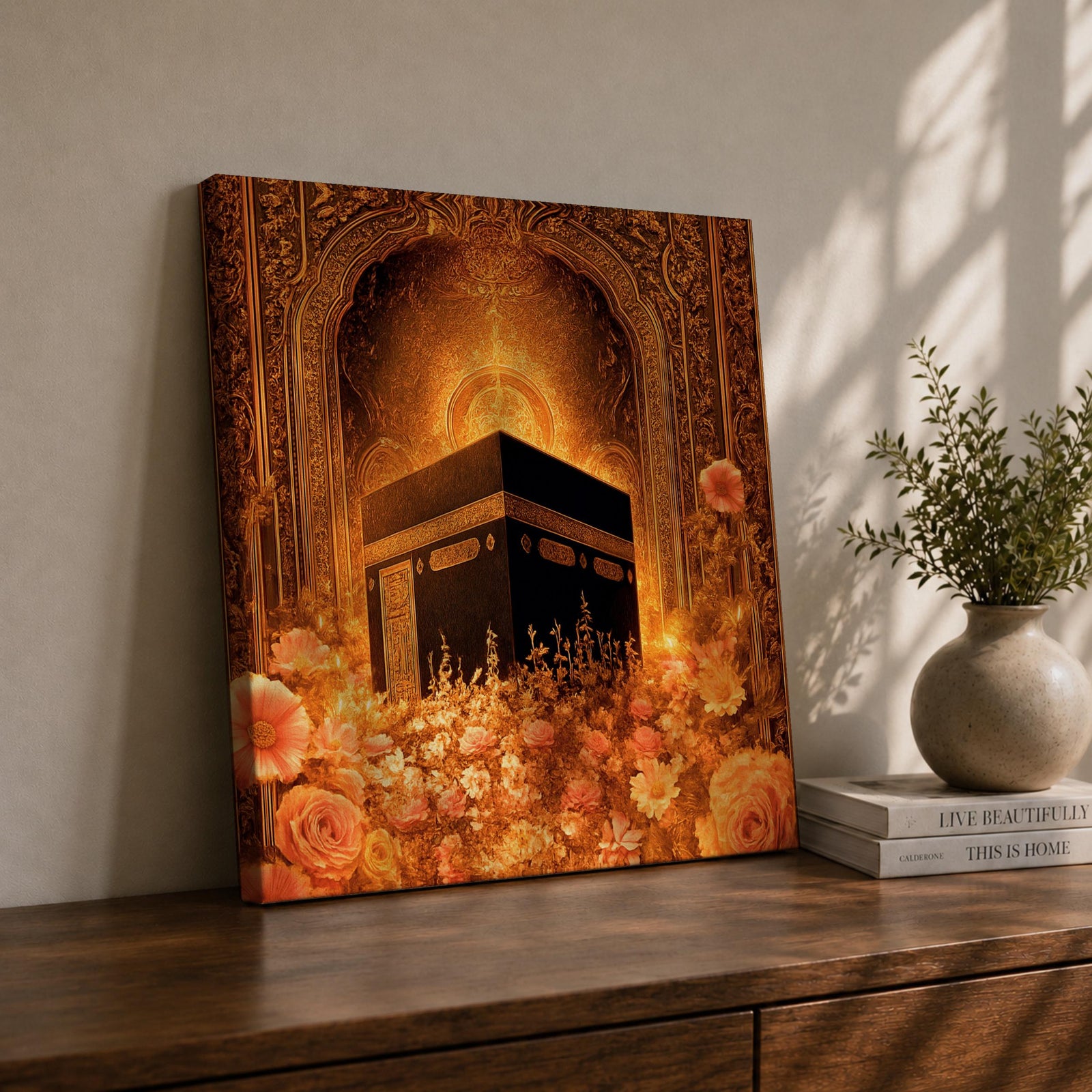 Kaaba Wall Art Golden Floral Framed Canvas Masjid al Haram Mecca Islamic Home Decor