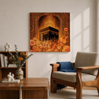 Kaaba Wall Art Golden Floral Framed Canvas Masjid al Haram Mecca Islamic Home Decor