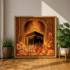 Kaaba Wall Art Golden Floral Framed Canvas Masjid al Haram Mecca Islamic Home Decor
