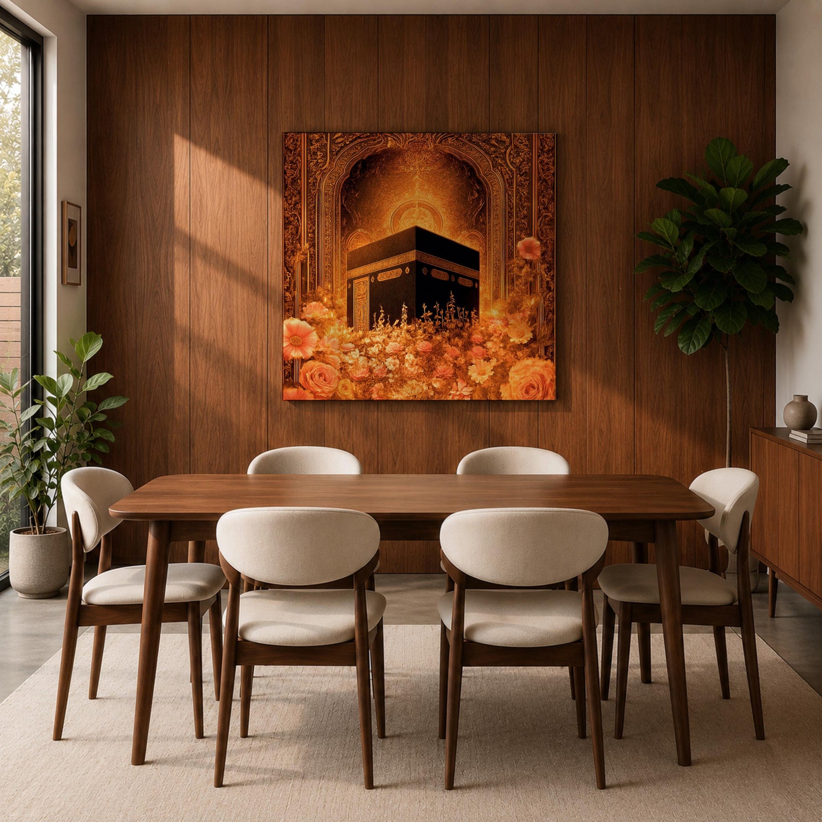 Kaaba Wall Art Golden Floral Framed Canvas Masjid al Haram Mecca Islamic Home Decor