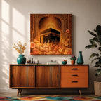 Kaaba Wall Art Golden Floral Framed Canvas Masjid al Haram Mecca Islamic Home Decor
