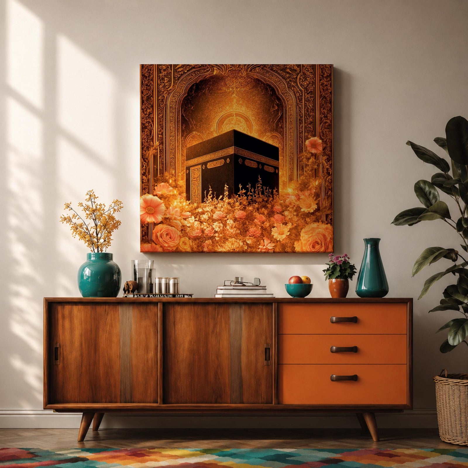 Kaaba Wall Art Golden Floral Framed Canvas Masjid al Haram Mecca Islamic Home Decor