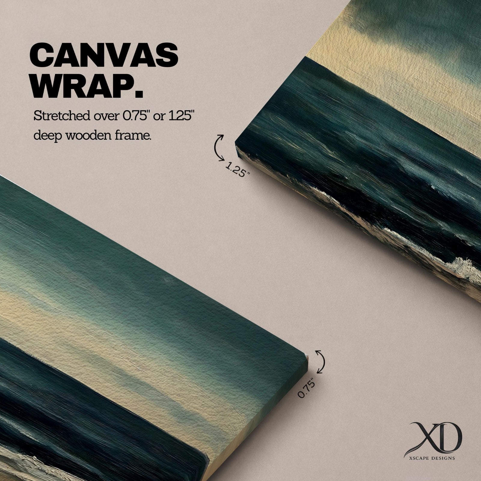 Panoramic seascape painting showing dark rolling waves beneath a dramatic cloudy sky with faint light breaking along the distant horizon. Deep teal and navy tones blend across the water while textured brushstrokes form soft foam along the shoreline, creating a moody minimalist coastal composition across the wide horizontal canvas.