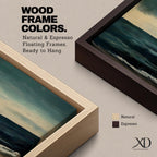 Panoramic seascape painting showing dark rolling waves beneath a dramatic cloudy sky with faint light breaking along the distant horizon. Deep teal and navy tones blend across the water while textured brushstrokes form soft foam along the shoreline, creating a moody minimalist coastal composition across the wide horizontal canvas.