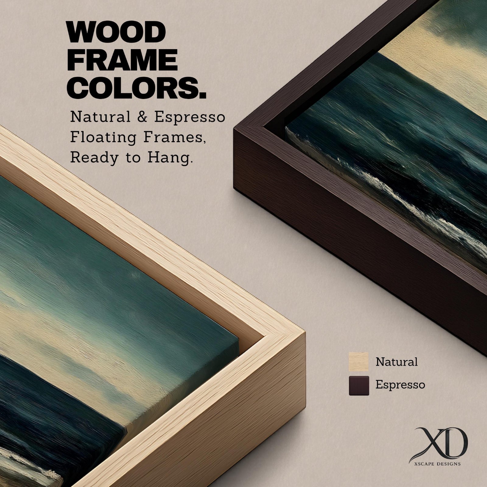 Panoramic seascape painting showing dark rolling waves beneath a dramatic cloudy sky with faint light breaking along the distant horizon. Deep teal and navy tones blend across the water while textured brushstrokes form soft foam along the shoreline, creating a moody minimalist coastal composition across the wide horizontal canvas.