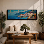 Panoramic Mediterranean coastal painting of the Amalfi Coast featuring colorful hillside houses overlooking bright blue sea. A stone harbor with arches and boats sits along the shoreline while mountains rise in the background beneath a clear sky with scattered clouds across the wide horizontal seaside composition.