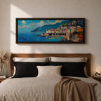 Panoramic Mediterranean coastal painting of the Amalfi Coast featuring colorful hillside houses overlooking bright blue sea. A stone harbor with arches and boats sits along the shoreline while mountains rise in the background beneath a clear sky with scattered clouds across the wide horizontal seaside composition.