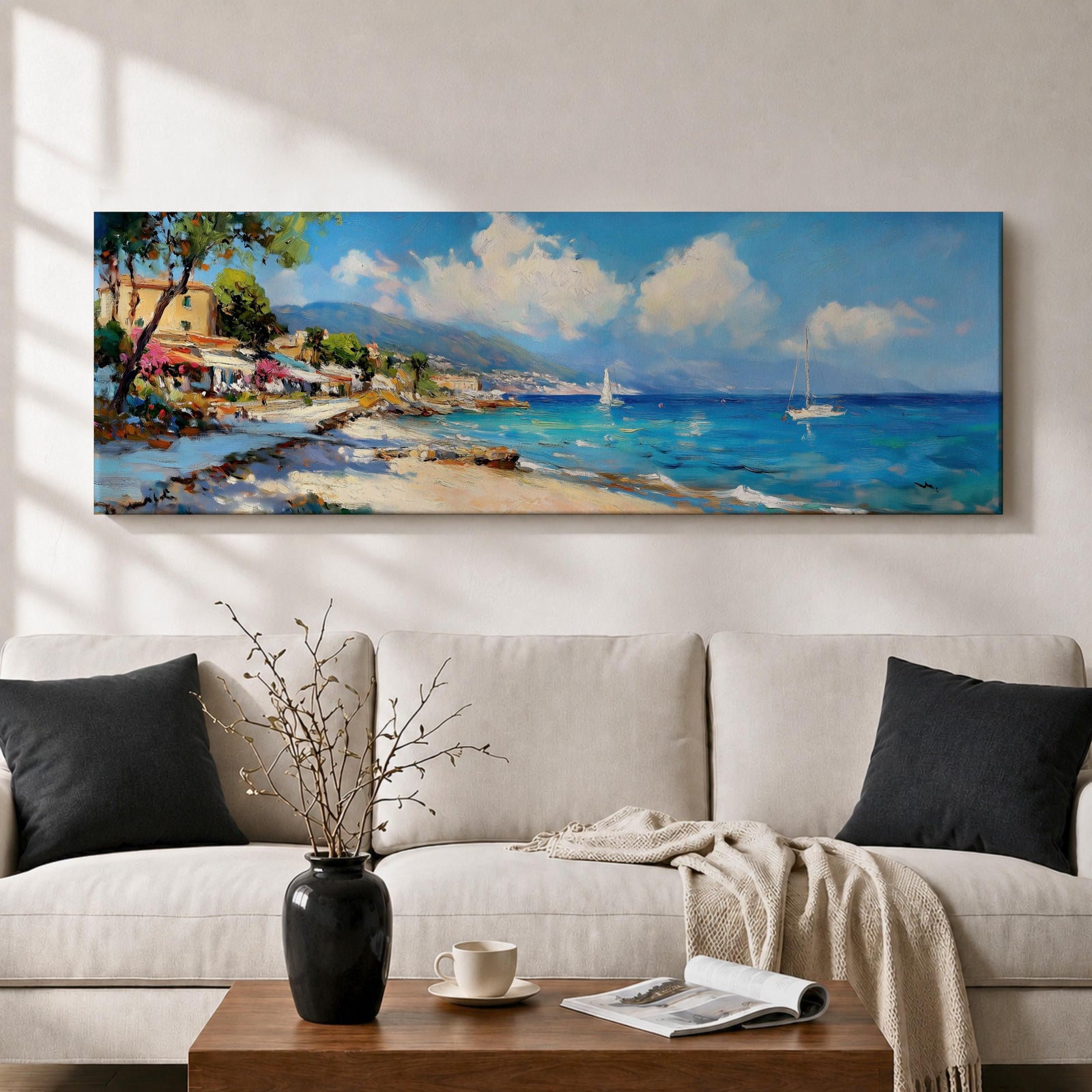 Panoramic Mediterranean coastal village painting featuring bright turquoise sea with sailboats near a rocky shoreline lined with colorful houses and flowering trees. Rolling hills rise in the distance beneath a blue sky with soft clouds, while textured brushstrokes capture waves and sunlight across the wide seascape.