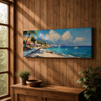 Panoramic Mediterranean coastal village painting featuring bright turquoise sea with sailboats near a rocky shoreline lined with colorful houses and flowering trees. Rolling hills rise in the distance beneath a blue sky with soft clouds, while textured brushstrokes capture waves and sunlight across the wide seascape.