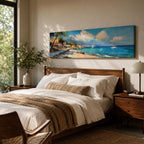Panoramic Mediterranean coastal village painting featuring bright turquoise sea with sailboats near a rocky shoreline lined with colorful houses and flowering trees. Rolling hills rise in the distance beneath a blue sky with soft clouds, while textured brushstrokes capture waves and sunlight across the wide seascape.
