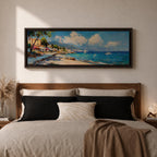 Panoramic Mediterranean coastal village painting featuring bright turquoise sea with sailboats near a rocky shoreline lined with colorful houses and flowering trees. Rolling hills rise in the distance beneath a blue sky with soft clouds, while textured brushstrokes capture waves and sunlight across the wide seascape.