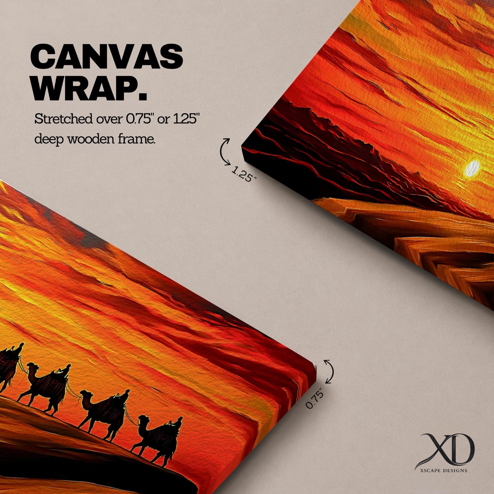 Panoramic desert sunset painting featuring a silhouette caravan of camels and riders walking along rolling sand dunes beneath a glowing red and orange sky. The low sun sits near the horizon while layered desert dunes stretch into the distance, creating a dramatic wide composition across the desert landscape.