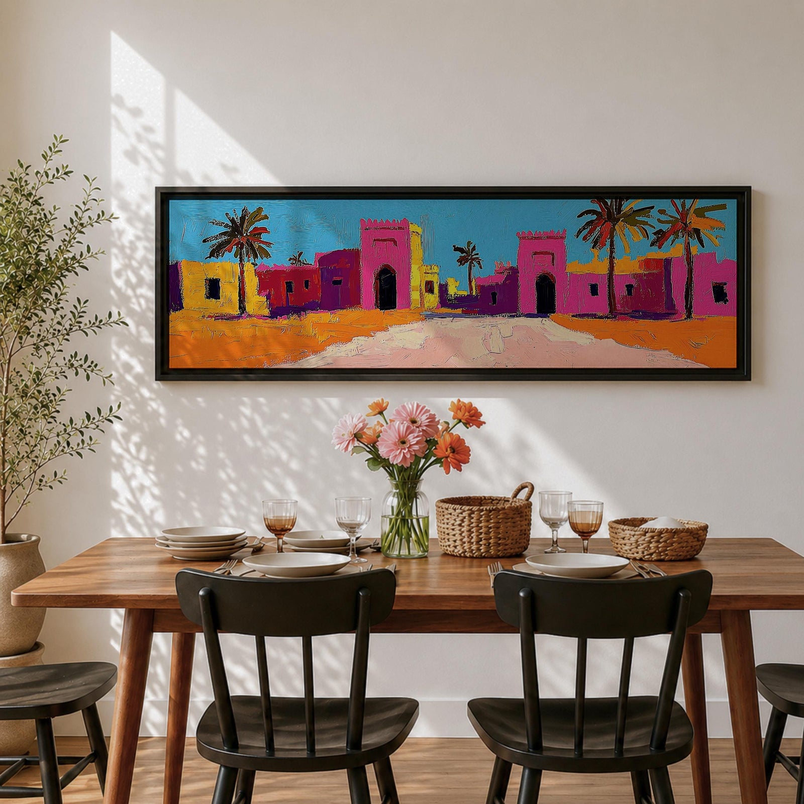 Panoramic desert village painting showing colorful Moroccan kasbah buildings in bright pink and warm ochre tones with tall palm trees lining a sandy road. Bold textured brushstrokes and vibrant colors create a lively North African scene beneath a clear blue sky across the wide horizontal composition.