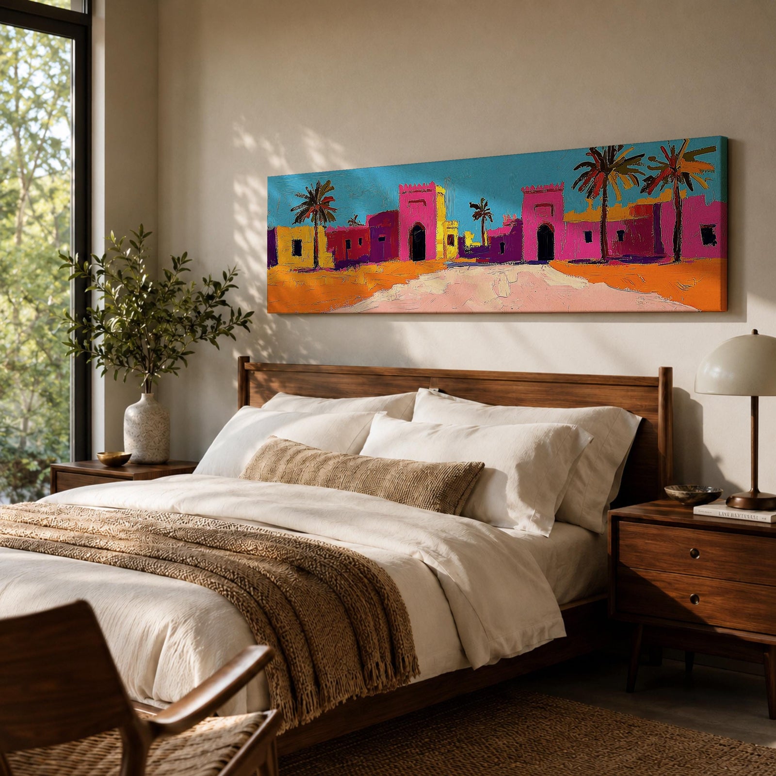 Panoramic desert village painting showing colorful Moroccan kasbah buildings in bright pink and warm ochre tones with tall palm trees lining a sandy road. Bold textured brushstrokes and vibrant colors create a lively North African scene beneath a clear blue sky across the wide horizontal composition.