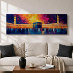 Panoramic painting of the Kaaba at Masjid Al Haram in Mecca surrounded by worshippers within the illuminated mosque courtyard. Tall minarets rise on either side while glowing sunset colors of gold, magenta, and deep blue fill the sky above the sacred Islamic landmark across the wide horizontal composition.