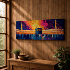Panoramic painting of the Kaaba at Masjid Al Haram in Mecca surrounded by worshippers within the illuminated mosque courtyard. Tall minarets rise on either side while glowing sunset colors of gold, magenta, and deep blue fill the sky above the sacred Islamic landmark across the wide horizontal composition.