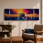 Panoramic painting of the Kaaba at Masjid Al Haram in Mecca surrounded by worshippers within the illuminated mosque courtyard. Tall minarets rise on either side while glowing sunset colors of gold, magenta, and deep blue fill the sky above the sacred Islamic landmark across the wide horizontal composition.