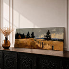 Panoramic countryside landscape painting featuring golden rural fields with a rustic fence line stretching into the distance. Textured brushstrokes depict tall grasses and scattered trees beneath a muted cloudy sky, with distant hills fading along the horizon across a wide pastoral farmland scene.