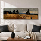 Panoramic countryside landscape painting featuring golden rural fields with a rustic fence line stretching into the distance. Textured brushstrokes depict tall grasses and scattered trees beneath a muted cloudy sky, with distant hills fading along the horizon across a wide pastoral farmland scene.