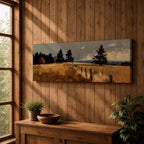 Panoramic countryside landscape painting featuring golden rural fields with a rustic fence line stretching into the distance. Textured brushstrokes depict tall grasses and scattered trees beneath a muted cloudy sky, with distant hills fading along the horizon across a wide pastoral farmland scene.