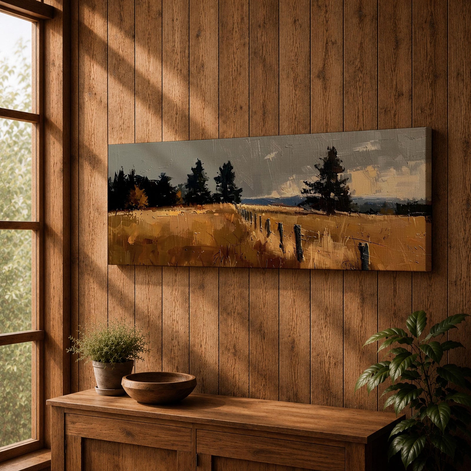 Panoramic countryside landscape painting featuring golden rural fields with a rustic fence line stretching into the distance. Textured brushstrokes depict tall grasses and scattered trees beneath a muted cloudy sky, with distant hills fading along the horizon across a wide pastoral farmland scene.