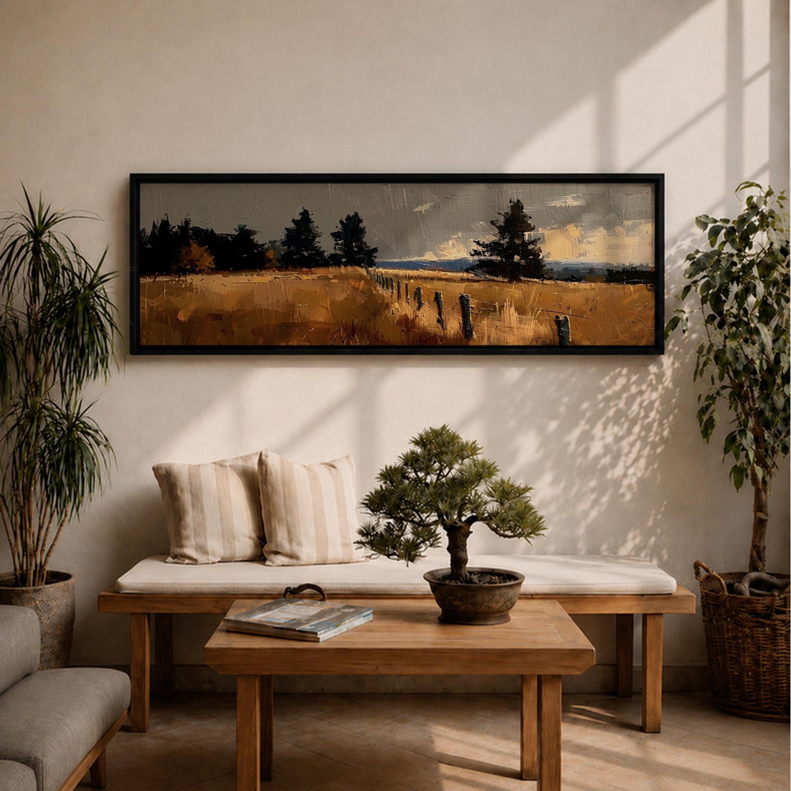 Panoramic countryside landscape painting featuring golden rural fields with a rustic fence line stretching into the distance. Textured brushstrokes depict tall grasses and scattered trees beneath a muted cloudy sky, with distant hills fading along the horizon across a wide pastoral farmland scene.