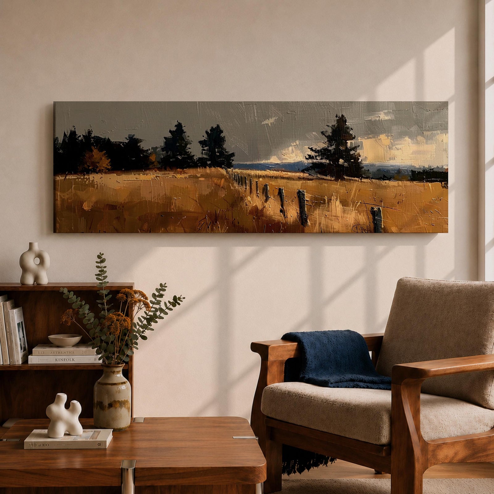 Panoramic countryside landscape painting featuring golden rural fields with a rustic fence line stretching into the distance. Textured brushstrokes depict tall grasses and scattered trees beneath a muted cloudy sky, with distant hills fading along the horizon across a wide pastoral farmland scene.