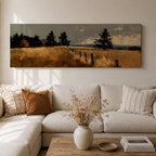 Panoramic countryside landscape painting featuring golden rural fields with a rustic fence line stretching into the distance. Textured brushstrokes depict tall grasses and scattered trees beneath a muted cloudy sky, with distant hills fading along the horizon across a wide pastoral farmland scene.