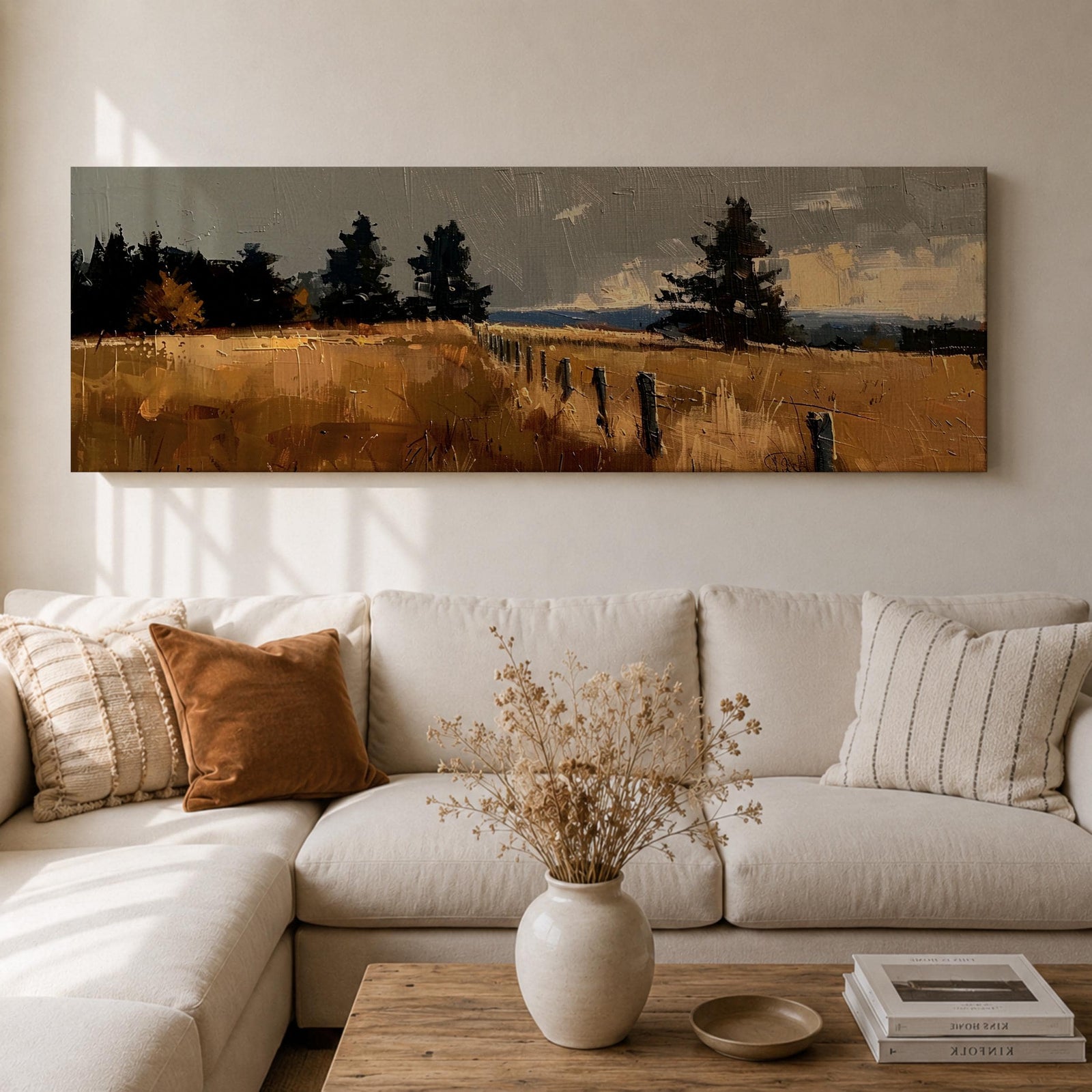 Panoramic countryside landscape painting featuring golden rural fields with a rustic fence line stretching into the distance. Textured brushstrokes depict tall grasses and scattered trees beneath a muted cloudy sky, with distant hills fading along the horizon across a wide pastoral farmland scene.
