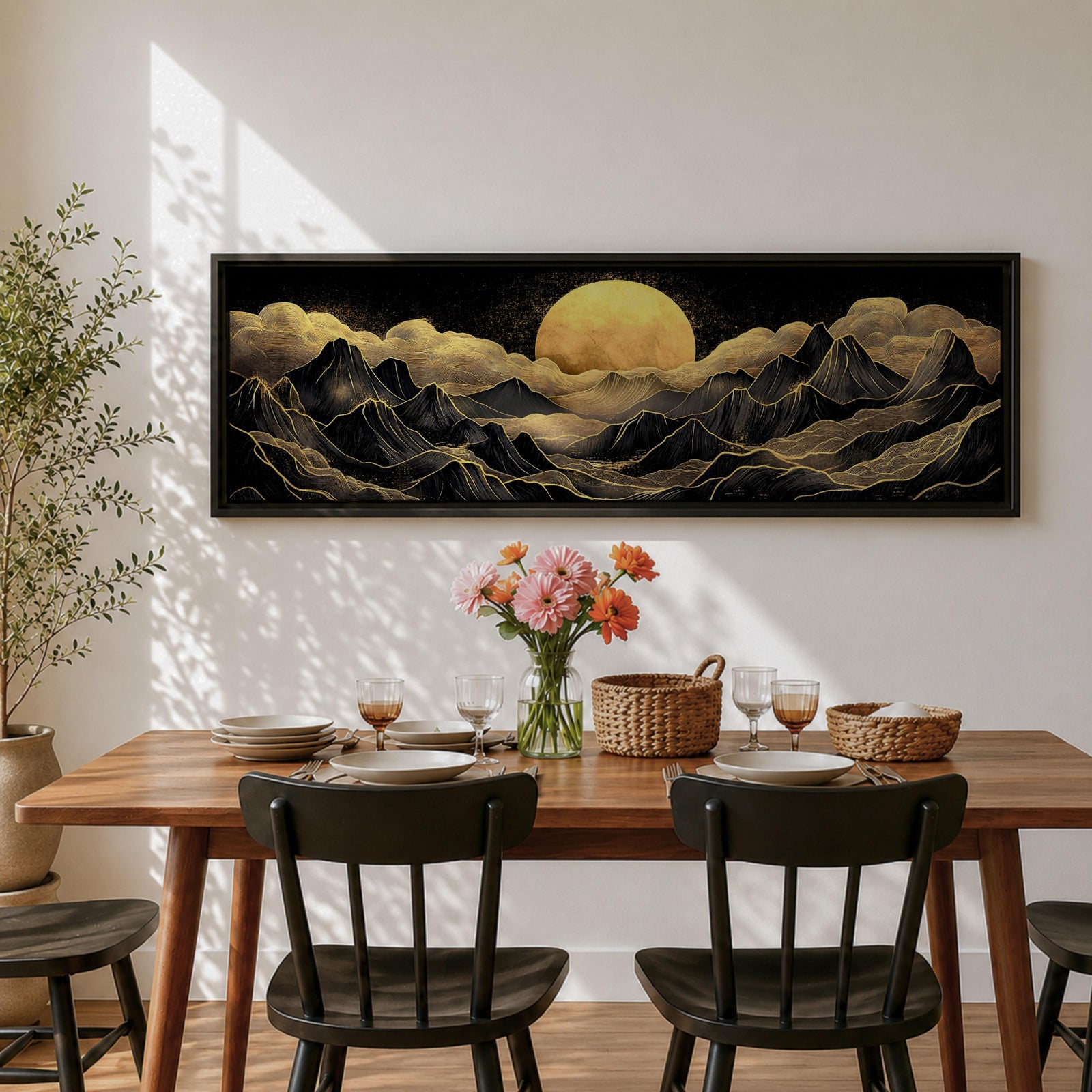 Panoramic moonlit mountain landscape painting featuring layered black mountains outlined with flowing gold lines beneath a glowing full moon. Soft golden clouds drift across a dark sky while ridges and valleys unfold across the wide composition, creating a dramatic celestial scene with textured metallic accents.