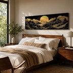 Panoramic moonlit mountain landscape painting featuring layered black mountains outlined with flowing gold lines beneath a glowing full moon. Soft golden clouds drift across a dark sky while ridges and valleys unfold across the wide composition, creating a dramatic celestial scene with textured metallic accents.