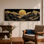 Panoramic moonlit mountain landscape painting featuring layered black mountains outlined with flowing gold lines beneath a glowing full moon. Soft golden clouds drift across a dark sky while ridges and valleys unfold across the wide composition, creating a dramatic celestial scene with textured metallic accents.