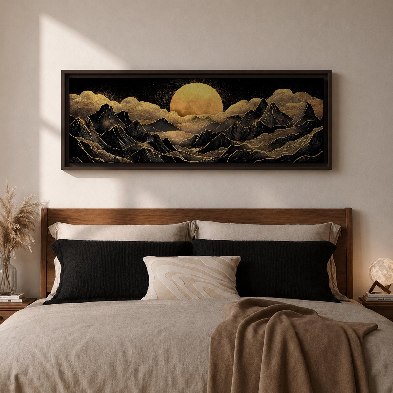 Panoramic moonlit mountain landscape painting featuring layered black mountains outlined with flowing gold lines beneath a glowing full moon. Soft golden clouds drift across a dark sky while ridges and valleys unfold across the wide composition, creating a dramatic celestial scene with textured metallic accents.