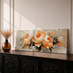 Panoramic floral painting of large blooming peony flowers with layered petals in warm peach and cream tones. Expressive palette knife brushstrokes create textured petals and soft shadows while the blossoms spread across the wide horizontal composition against a light neutral background.