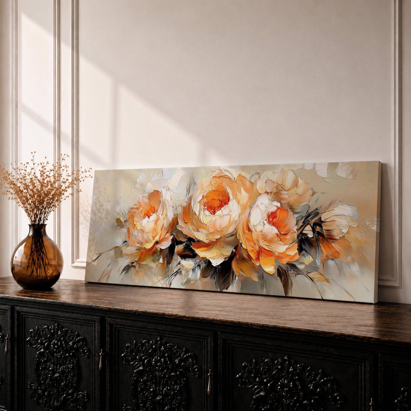 Panoramic floral painting of large blooming peony flowers with layered petals in warm peach and cream tones. Expressive palette knife brushstrokes create textured petals and soft shadows while the blossoms spread across the wide horizontal composition against a light neutral background.