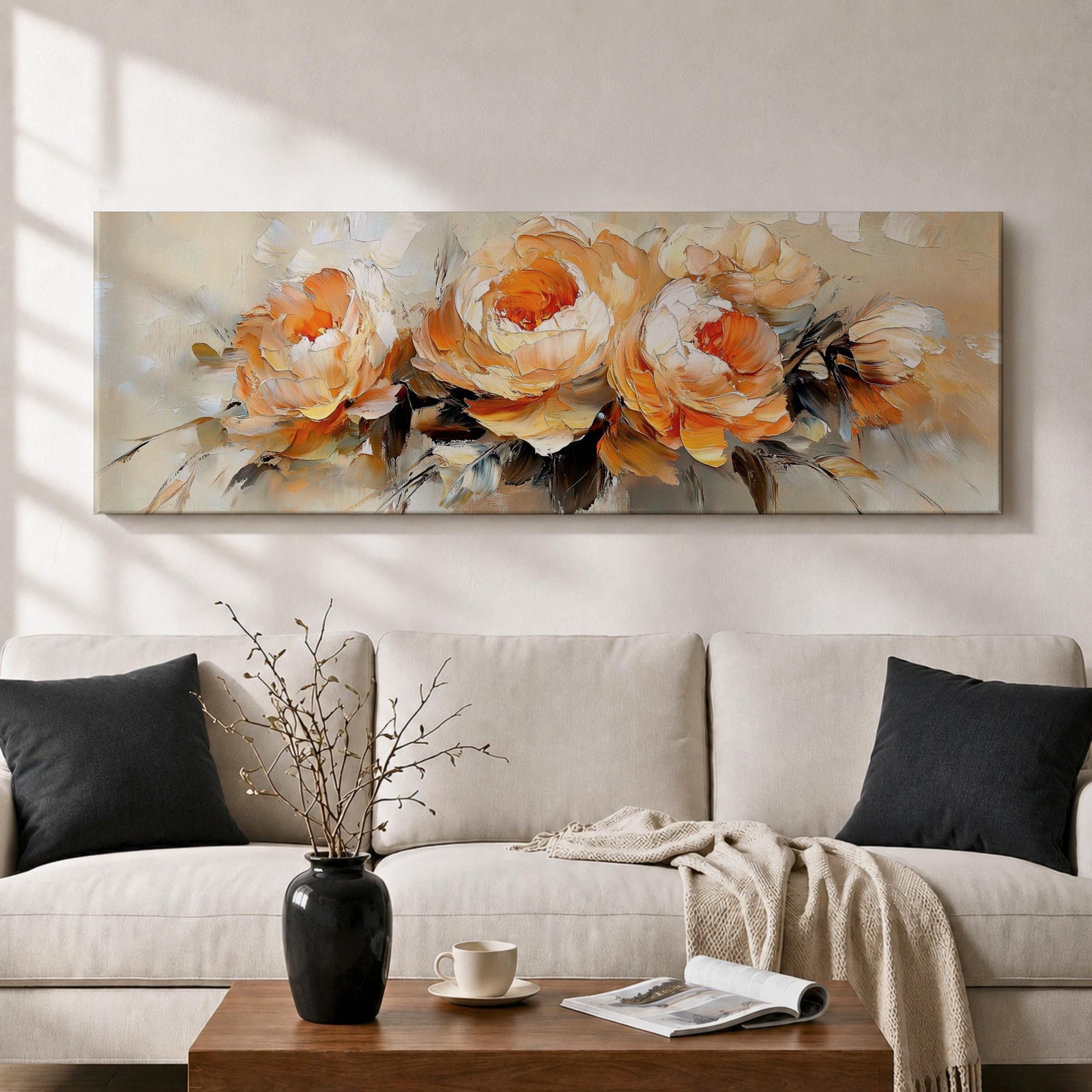 Panoramic floral painting of large blooming peony flowers with layered petals in warm peach and cream tones. Expressive palette knife brushstrokes create textured petals and soft shadows while the blossoms spread across the wide horizontal composition against a light neutral background.