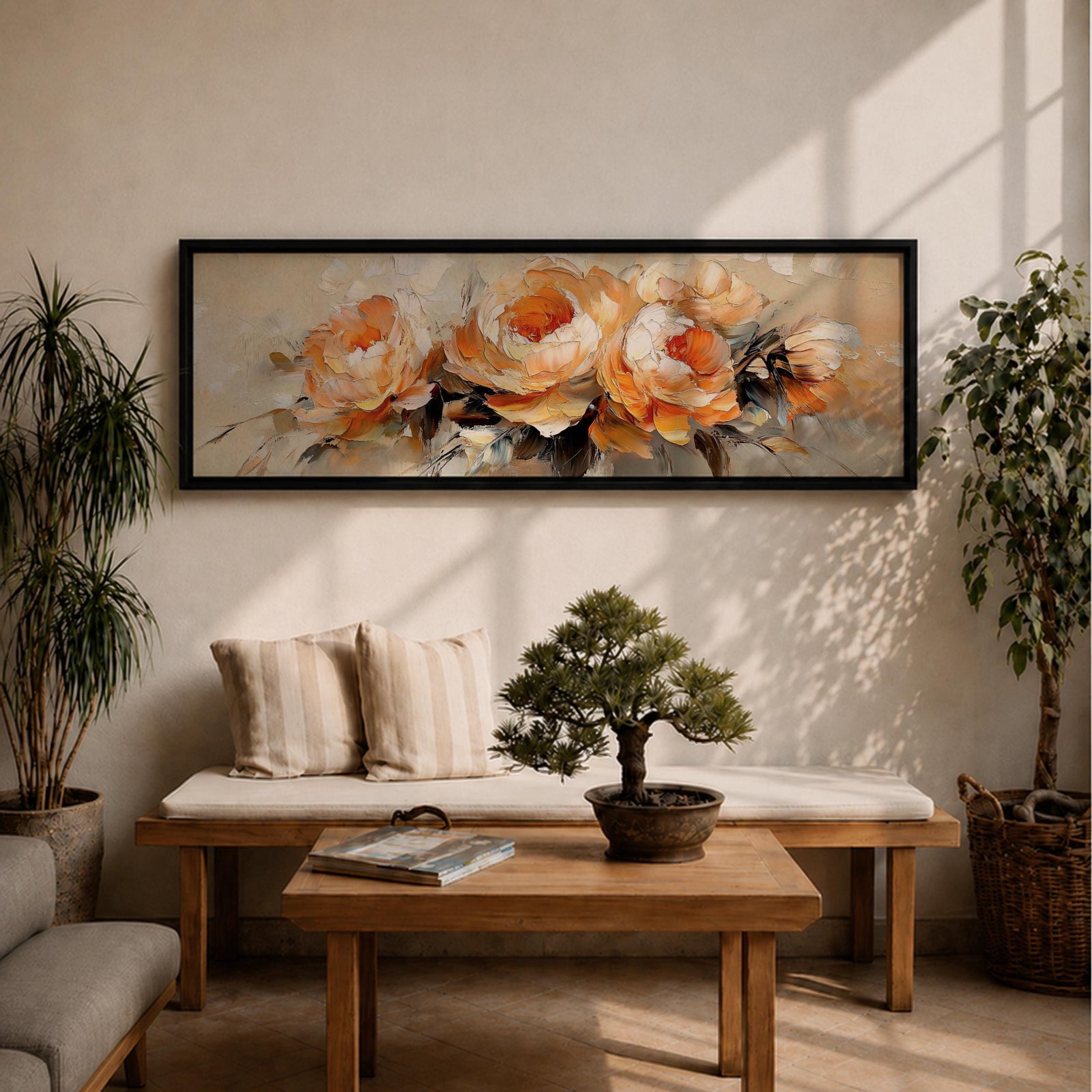 Panoramic floral painting of large blooming peony flowers with layered petals in warm peach and cream tones. Expressive palette knife brushstrokes create textured petals and soft shadows while the blossoms spread across the wide horizontal composition against a light neutral background.