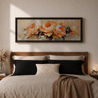 Panoramic floral painting of large blooming peony flowers with layered petals in warm peach and cream tones. Expressive palette knife brushstrokes create textured petals and soft shadows while the blossoms spread across the wide horizontal composition against a light neutral background.