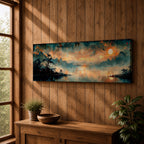 Panoramic Chinese landscape painting of misty mountains rising above a tranquil lake at sunset with warm orange light reflecting across the water. Dark tree silhouettes frame the shoreline while distant peaks fade into atmospheric haze beneath dramatic clouds in a traditional oriental scenery composition.