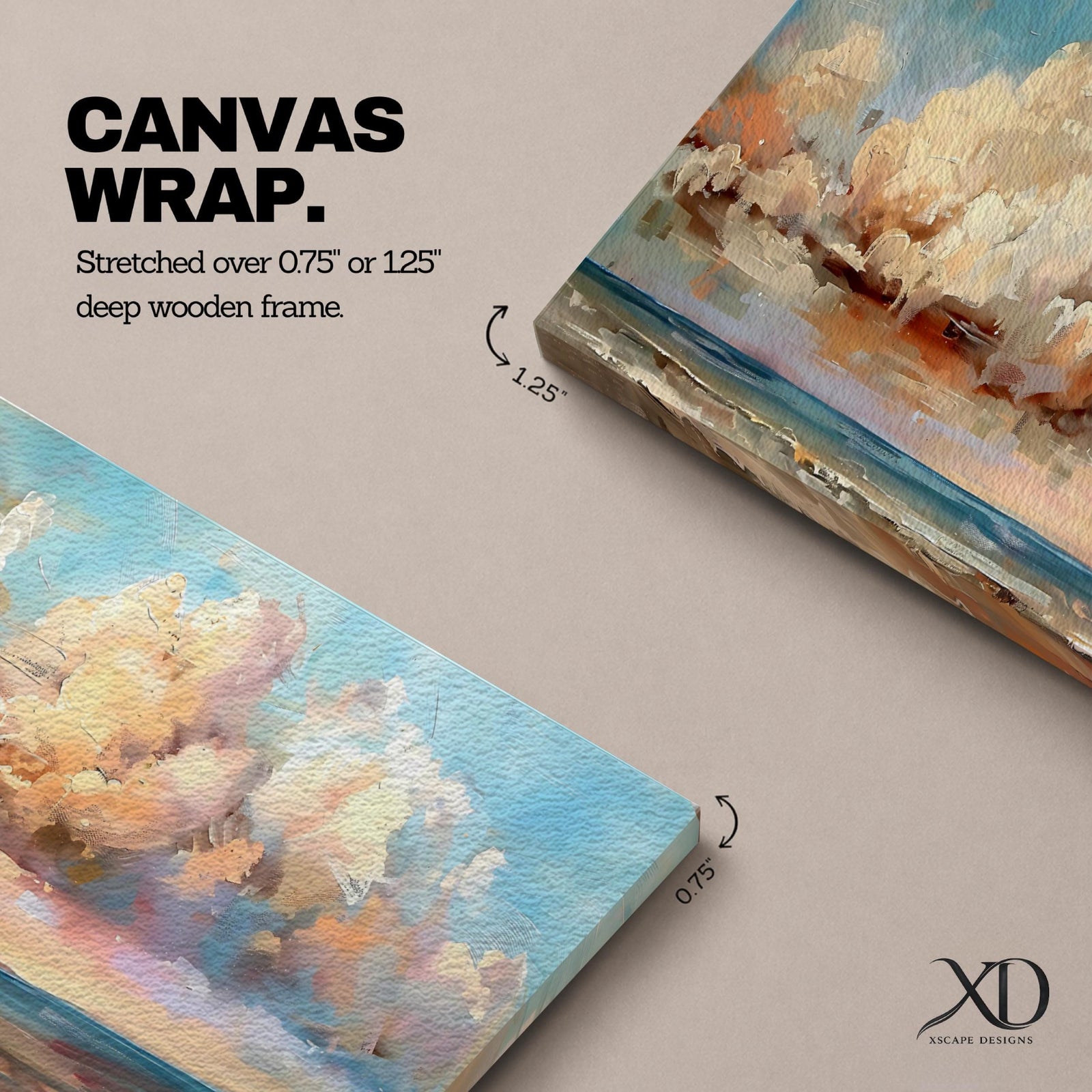 Panoramic coastal seascape painting of ocean waves reaching a sandy shoreline beneath expansive billowing clouds glowing with warm sunset tones. Soft peach, cream, and blue hues blend across the sky while gentle reflections shimmer along the water in a wide horizontal seaside composition.